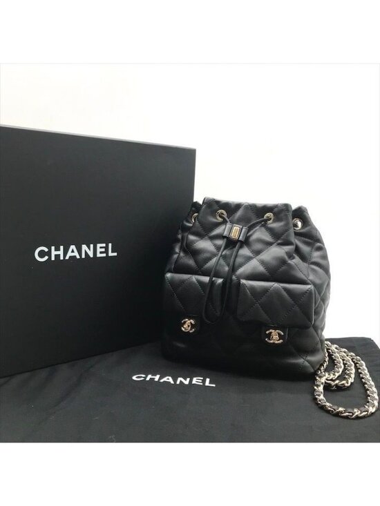 Chanel Quilted Lambskin CC Logo Drawstring Chain Backpack Pack Black main image 6
